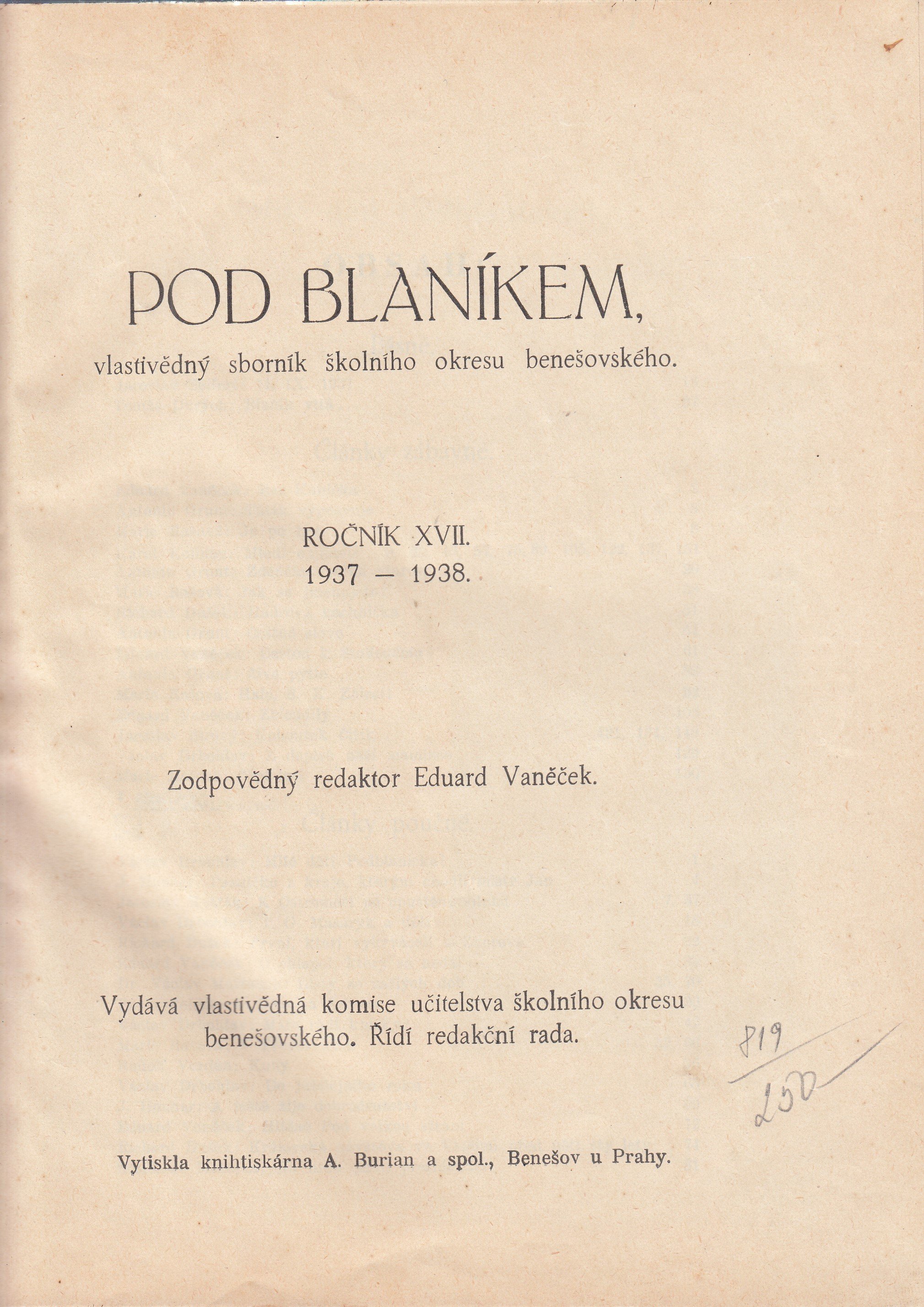 Pod Blaníkem: Vlastivědný sborník školního okresu benešovského, ročník XVII.