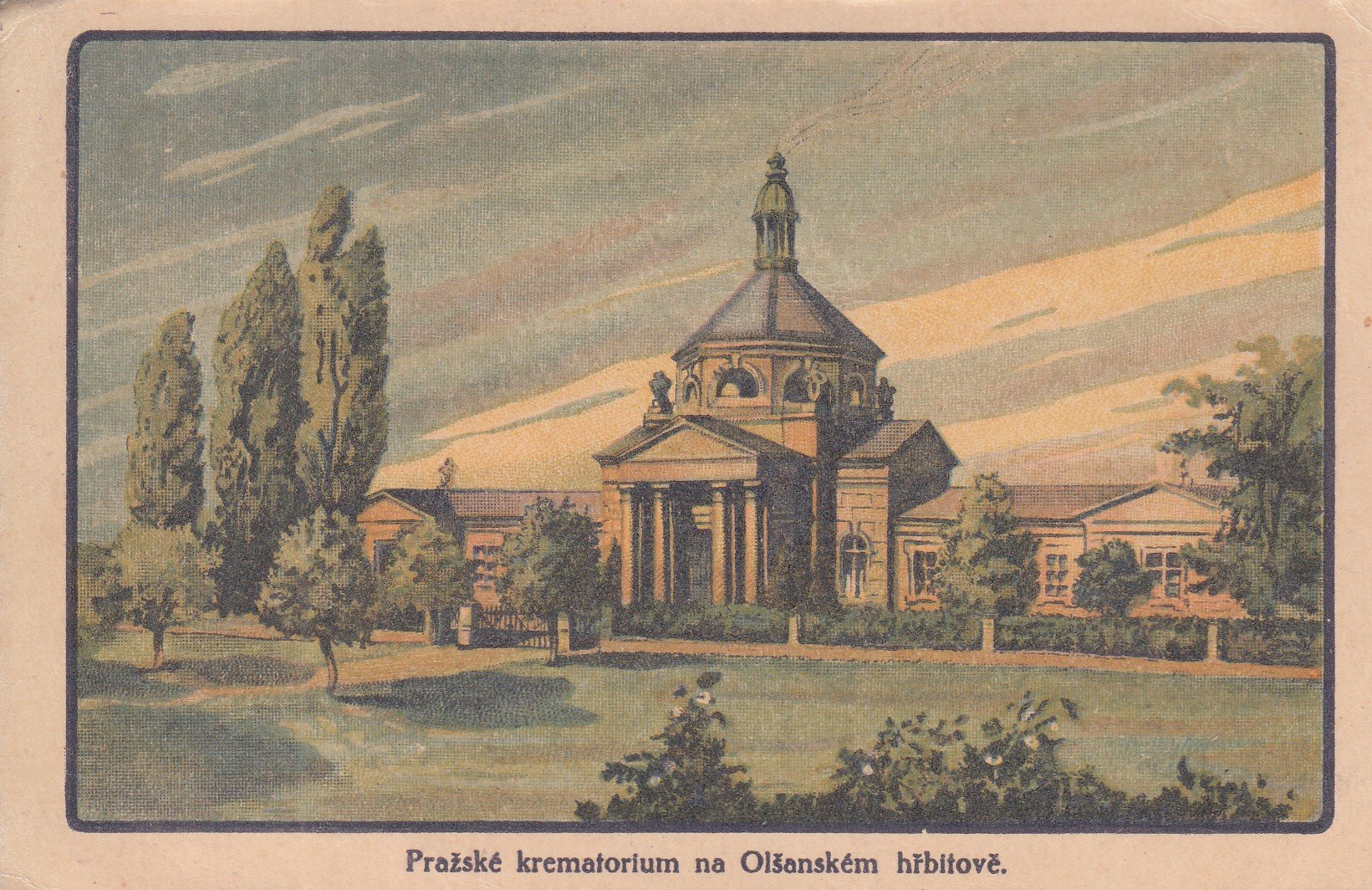 Pražské krematorium na Olšanském hřbitově / pohlednice