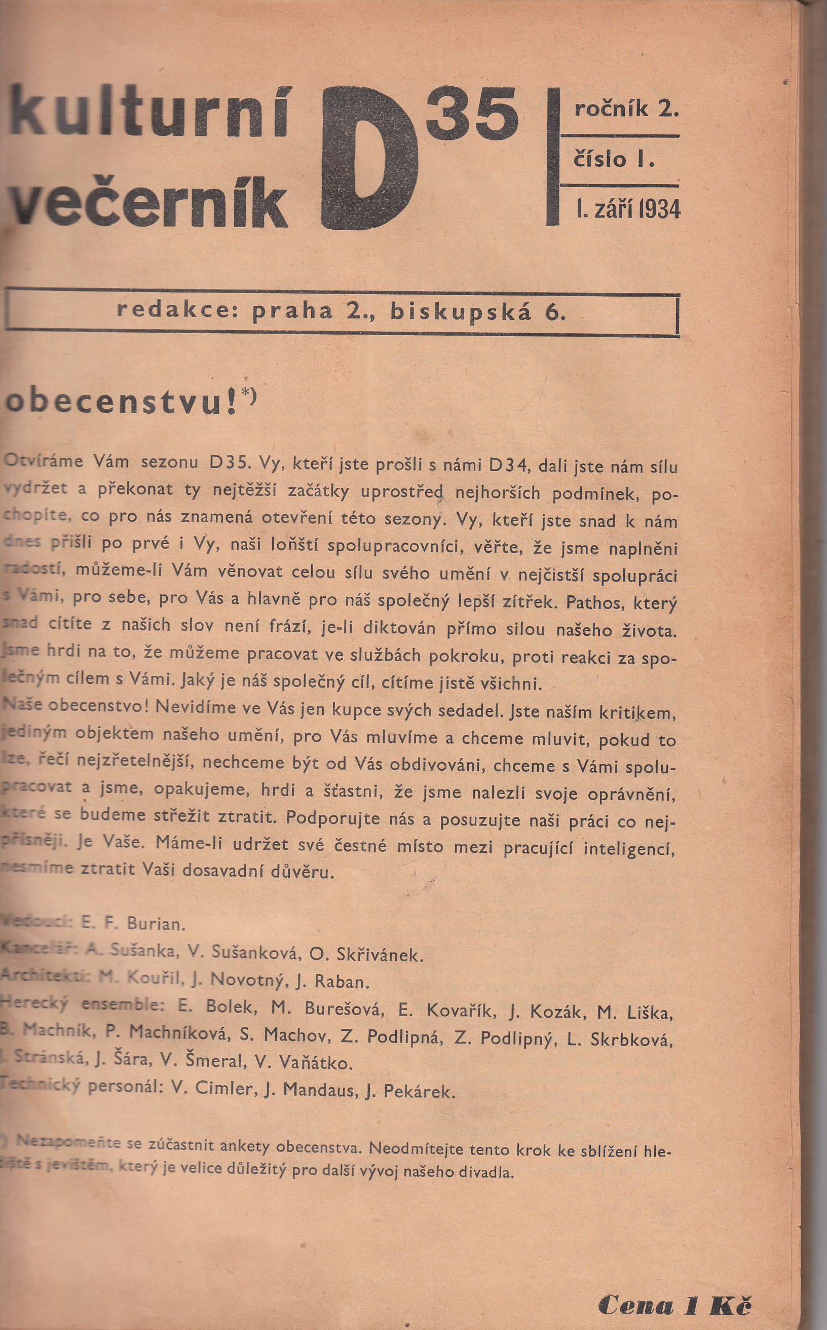 Kulturní večerník D 35 ( ročník 2., číslo I. 1. září 1934 ) + přívazky