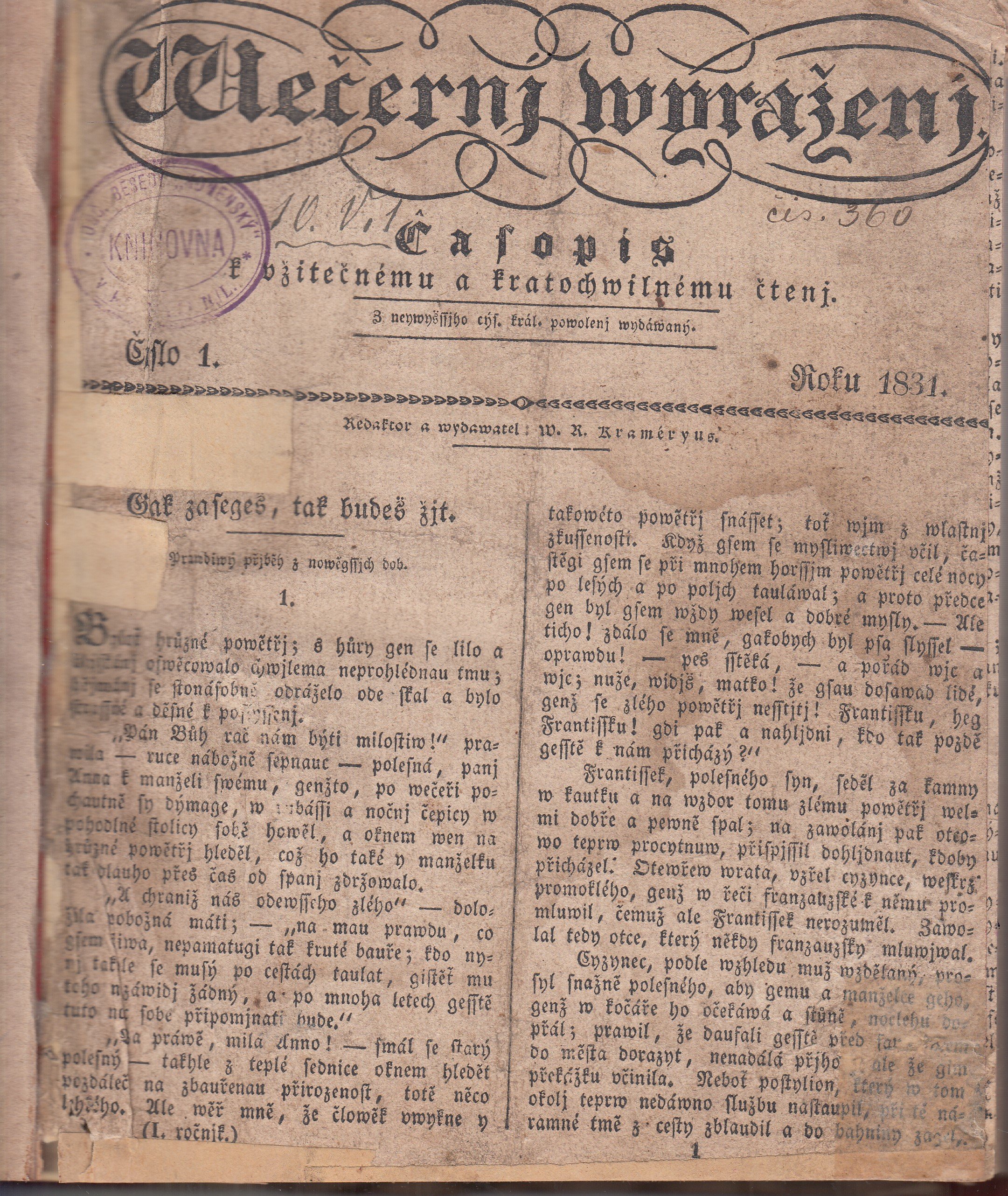 Wečernj wyraženj - Časopis k užitečnému a kratochwilnému čtenj / 26 čísel 1831