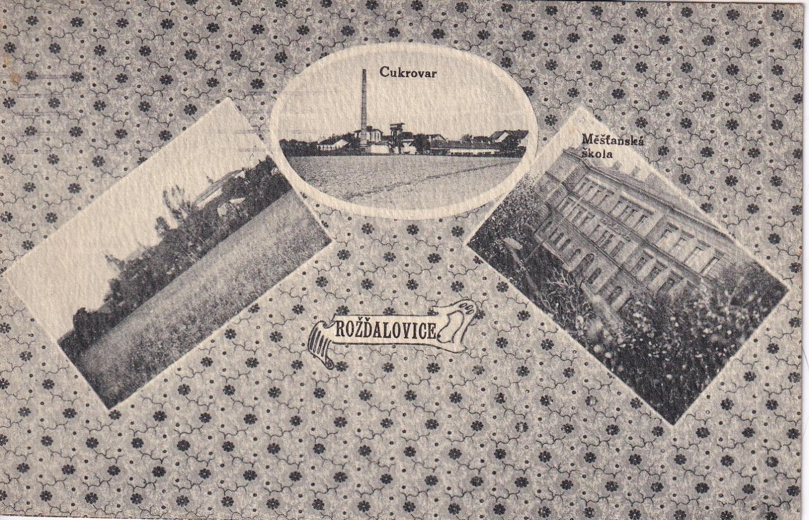 Pohled na Rožďalovice. Cukrovar, měšťanská škola