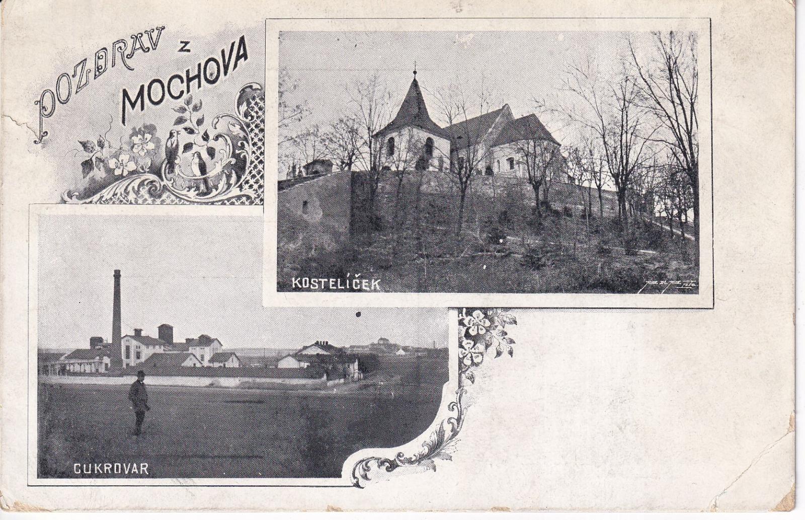 Pozdrav z Mochova (pohled na cukrovar a kostelíček)