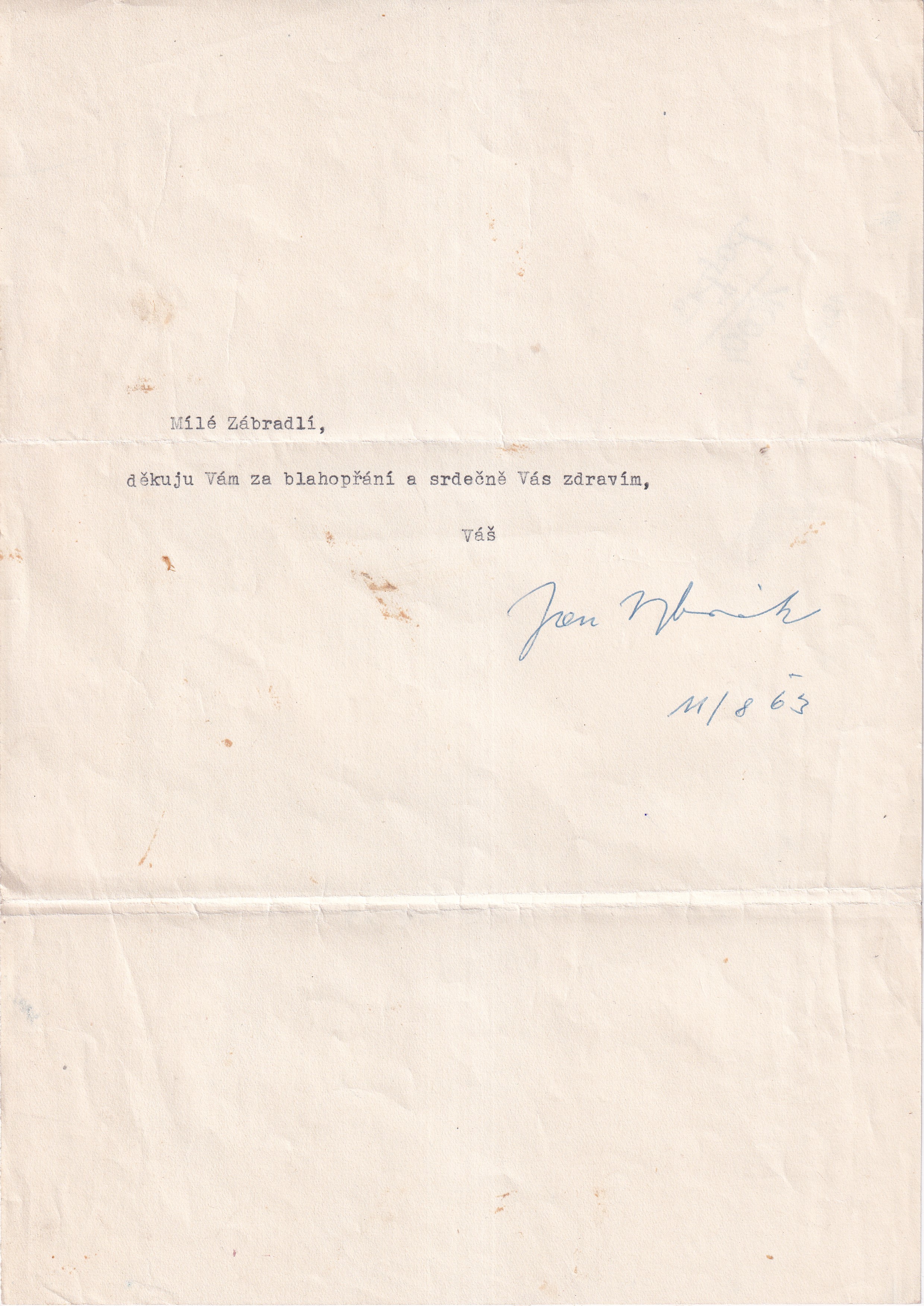 Děkovný dopis s podpisem Jan Werich