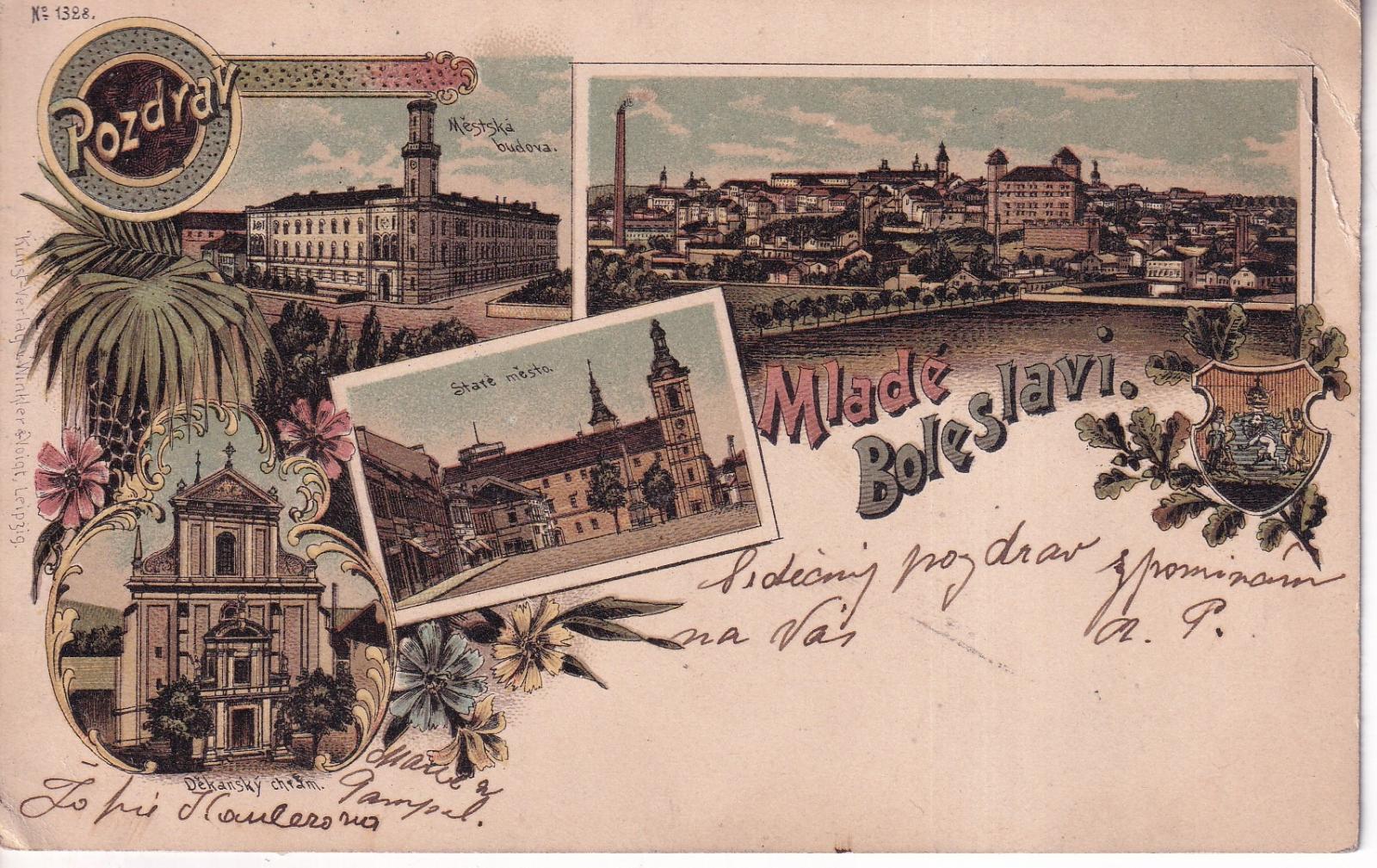 Pozdrav z Mladé Boleslavi. Pohled na Staré město, městskou budovu, Děkanský chrám