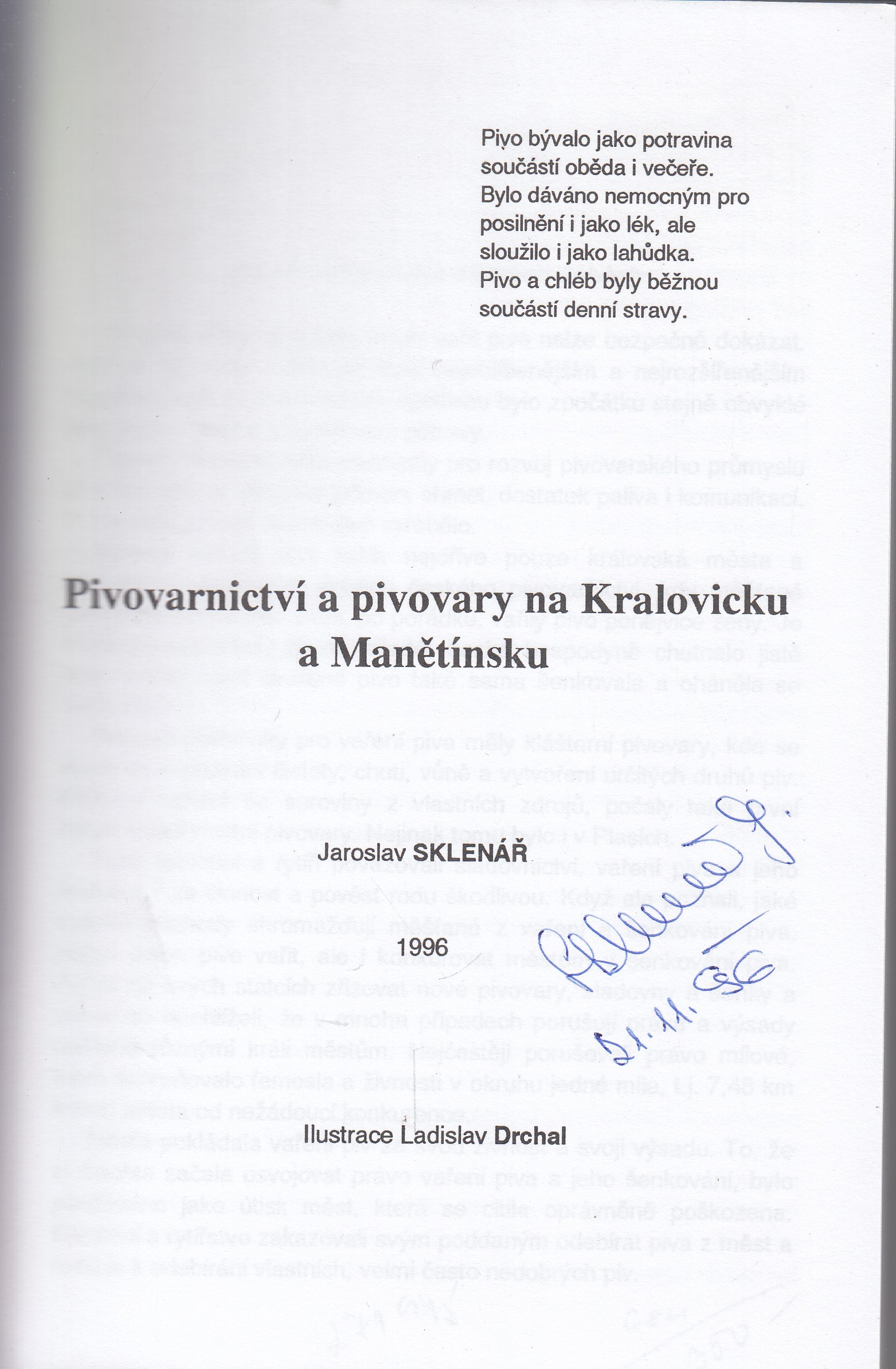 Pivovarnictví a pivovary na Kralovicku a Manětínsku - podpis Jaroslav Sklenář