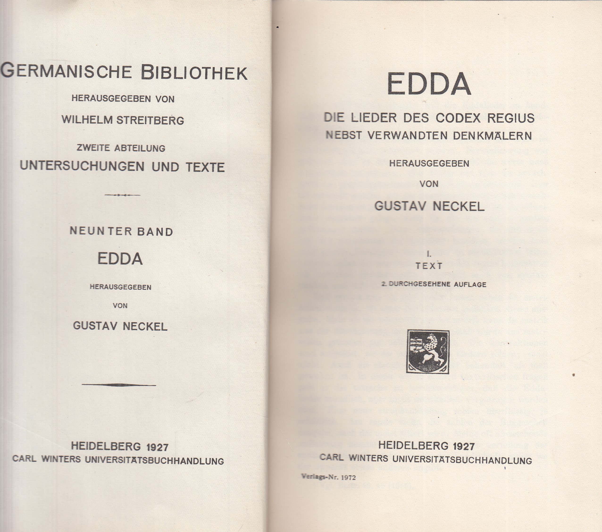 Edda : Die lieder des codex regius nebst verwandten denkmälern I.