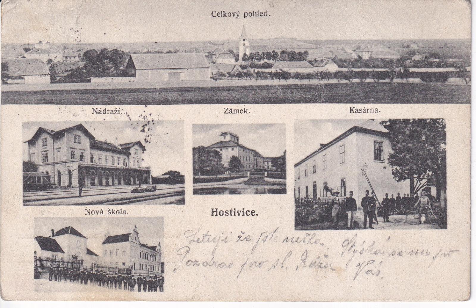 Celkový pohled na Hostivice. Nádraží, zámek, kasárna, nová škola