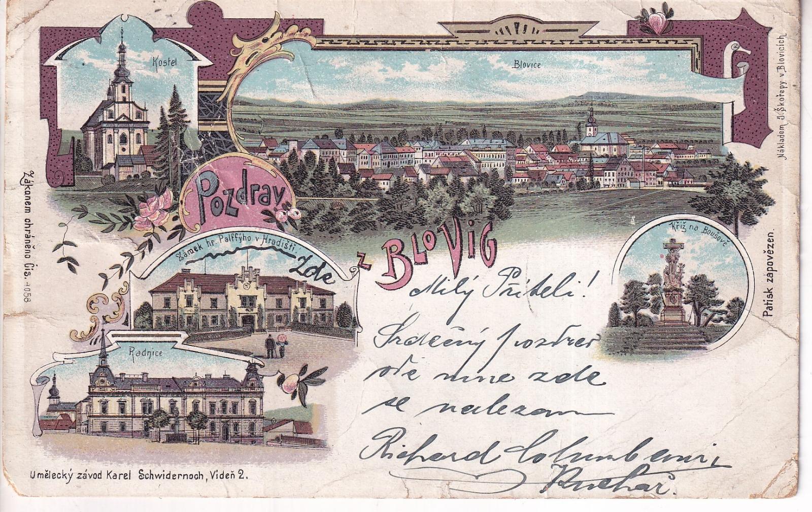 Pozdrav z Blovic. Pohled na Blovice, kostel, radnice a zámek...